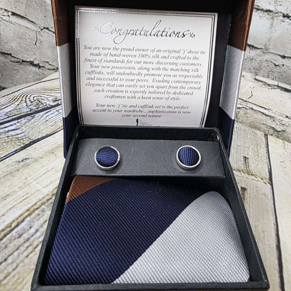 Juvio Creation Blue Brown Silver Silk Tie Matching Cuff Links Luxury Designer